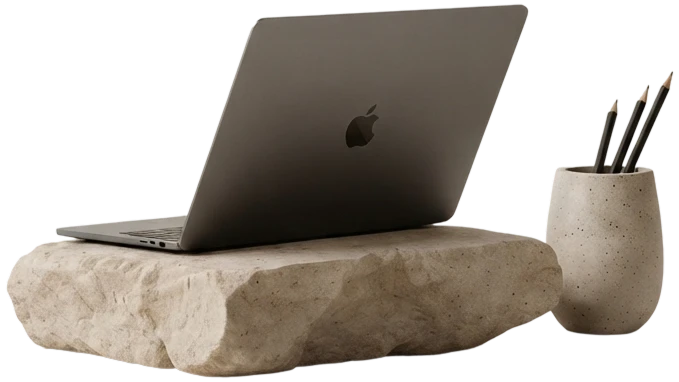 Japandi still life with a tablet, stone slab, and dried grass